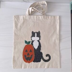Handmade Vintage Halloween Black Cat and Pumpkin Tote Bag- New
